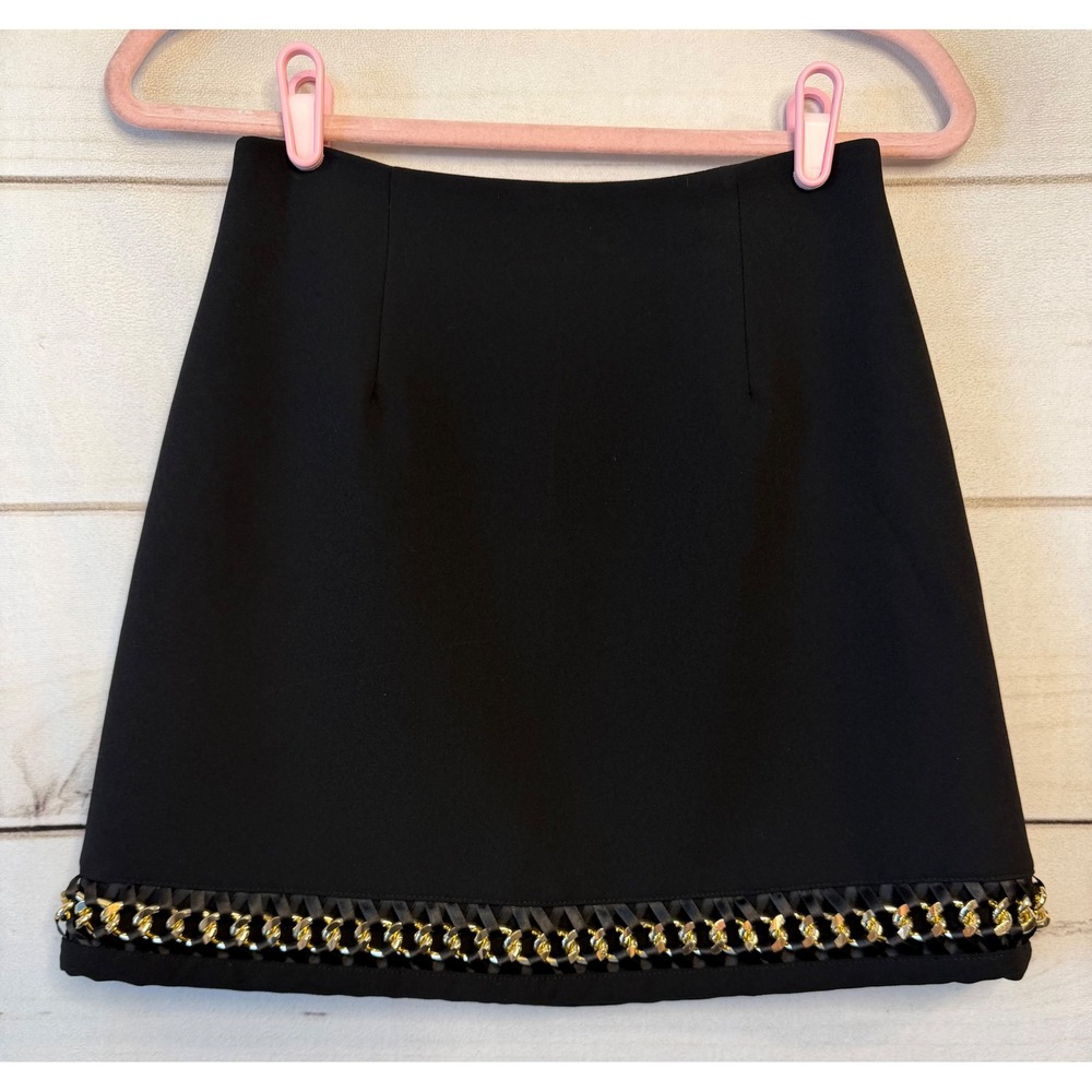 Karina Grimaldi Black Mini Skirt Gold Chain Link Hem Trim XS Crepe A-Line Luxe